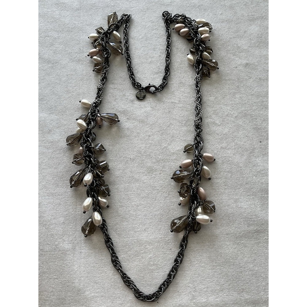Talbots Long Dark Chain Necklace Faux Pearls & smoky teardrop crystals